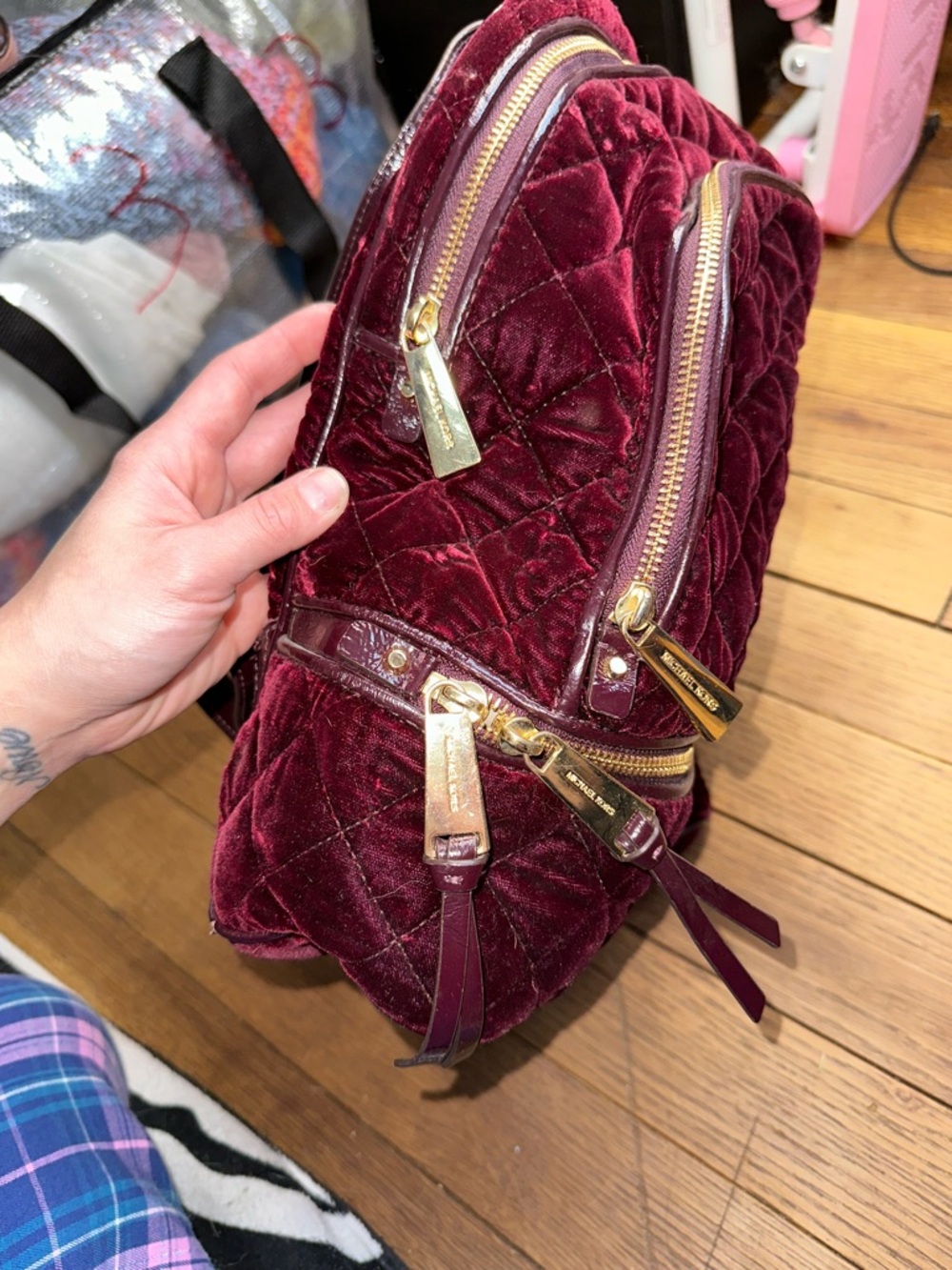 Michael Kors Quilted Velvet Wine Backpack with Gold Hardware - Picture 10 of 12